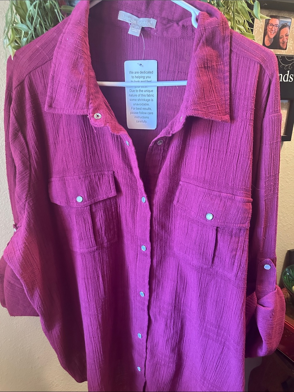 Woman Within Berry/ red gauze 3/4 sleeve shirt